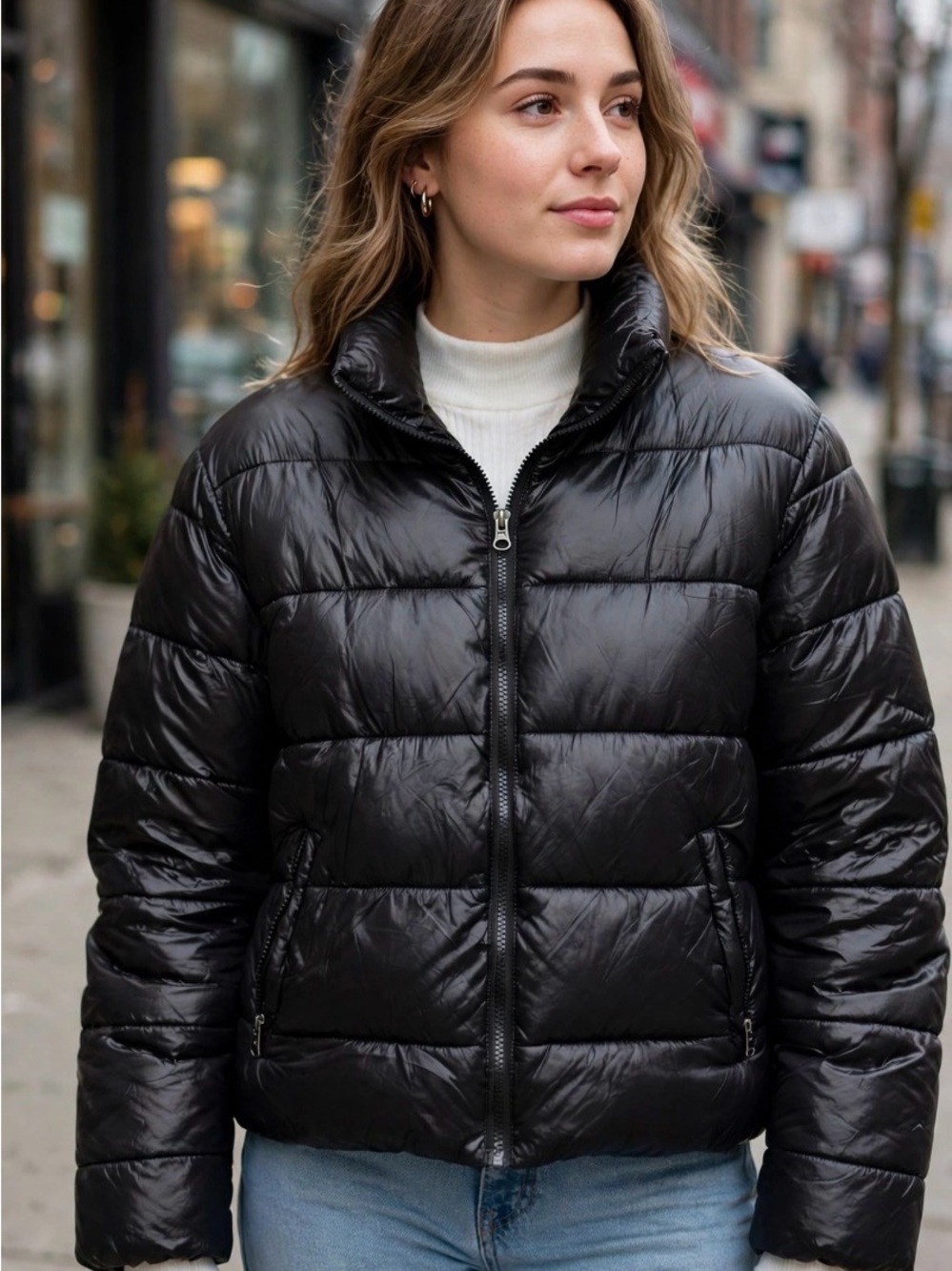 Women's Black Cropped Puffer Jacket - Lightweight Quilted Coat Womens XL